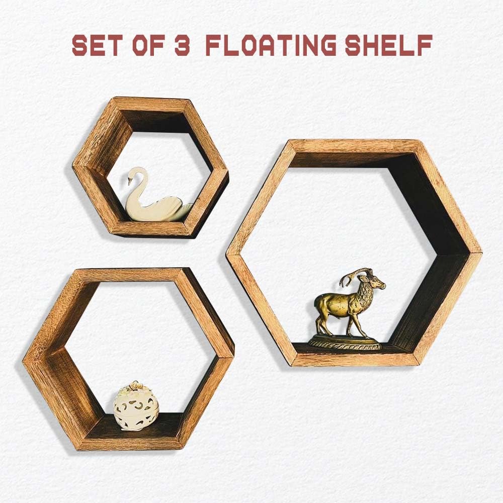 hadaaya Hexagon Shaped Floating Wooden Shelf - Set of 3 for Home Décor