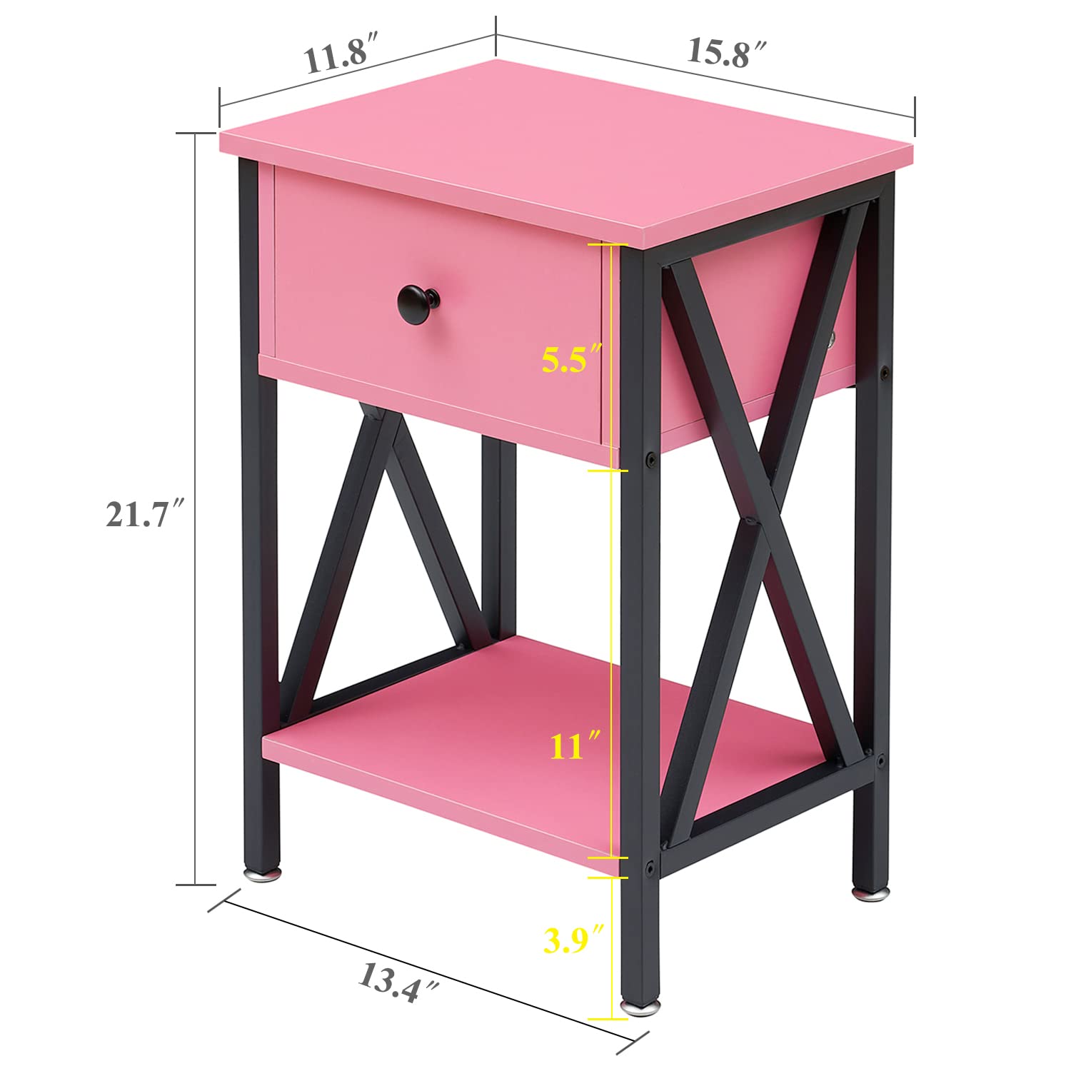 VECELO Nightstand,Modern Bedside End Table, Night Stand with Drawer and Storage Shelf for Living Room Bedroom, Industrial Metal Frame