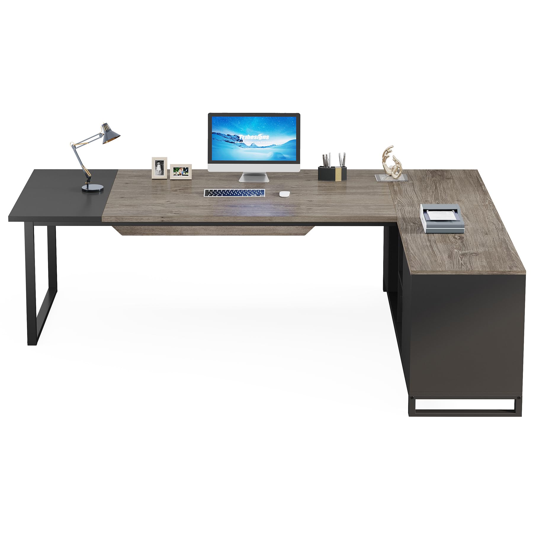 Tribesigns 70.8-Inch Executive Desk with 55-Inch File Cabinet, Large L Shaped Computer Desk with Storage Cabinet and Shelves, Industrial L-Shaped Desk for Home Office, Retro Gray & Black