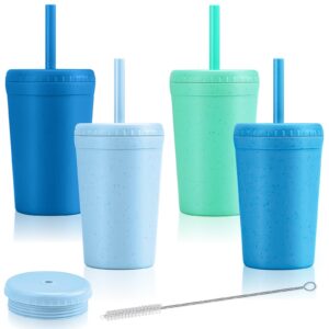 reusable 10oz wheat straw cups, durable water cups with lids and straws for kids, chip resistant tumbler and unbreakable kitchen drinking cups, bpa free, microwave & dishwasher safe