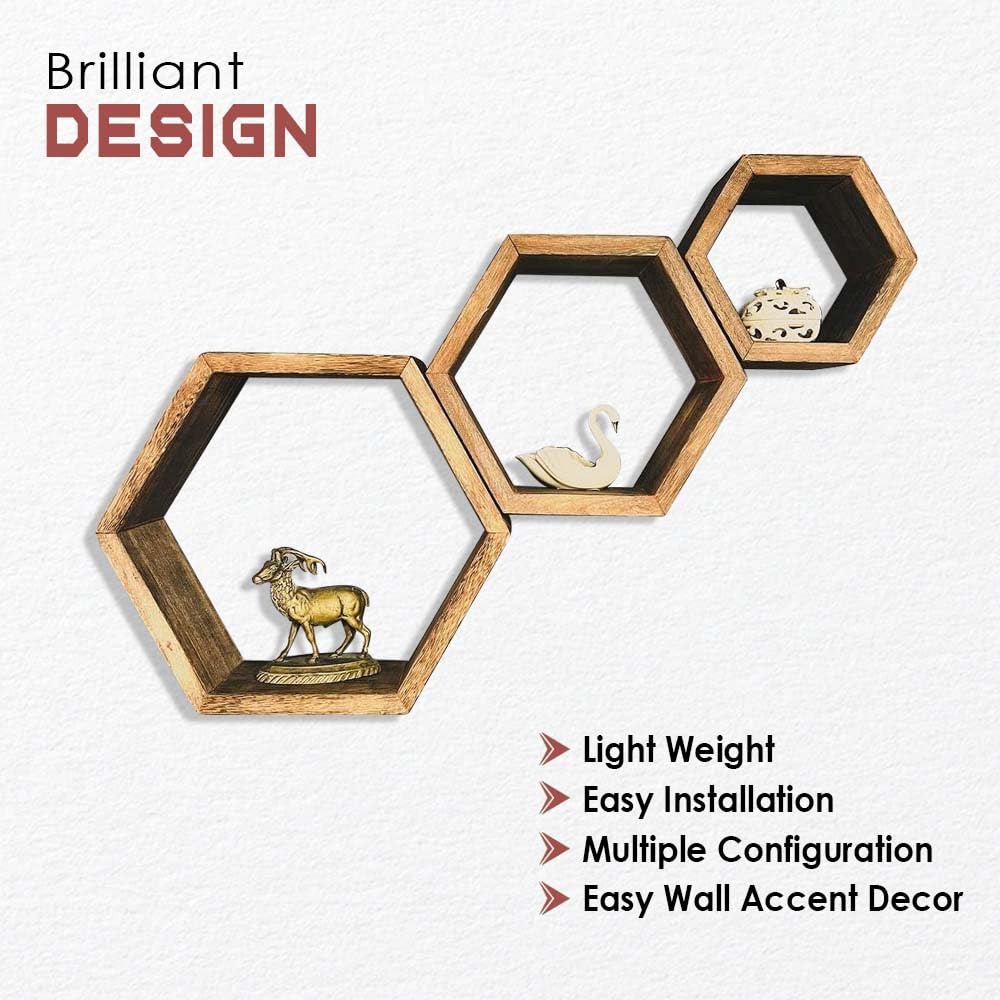 hadaaya Hexagon Shaped Floating Wooden Shelf - Set of 3 for Home Décor