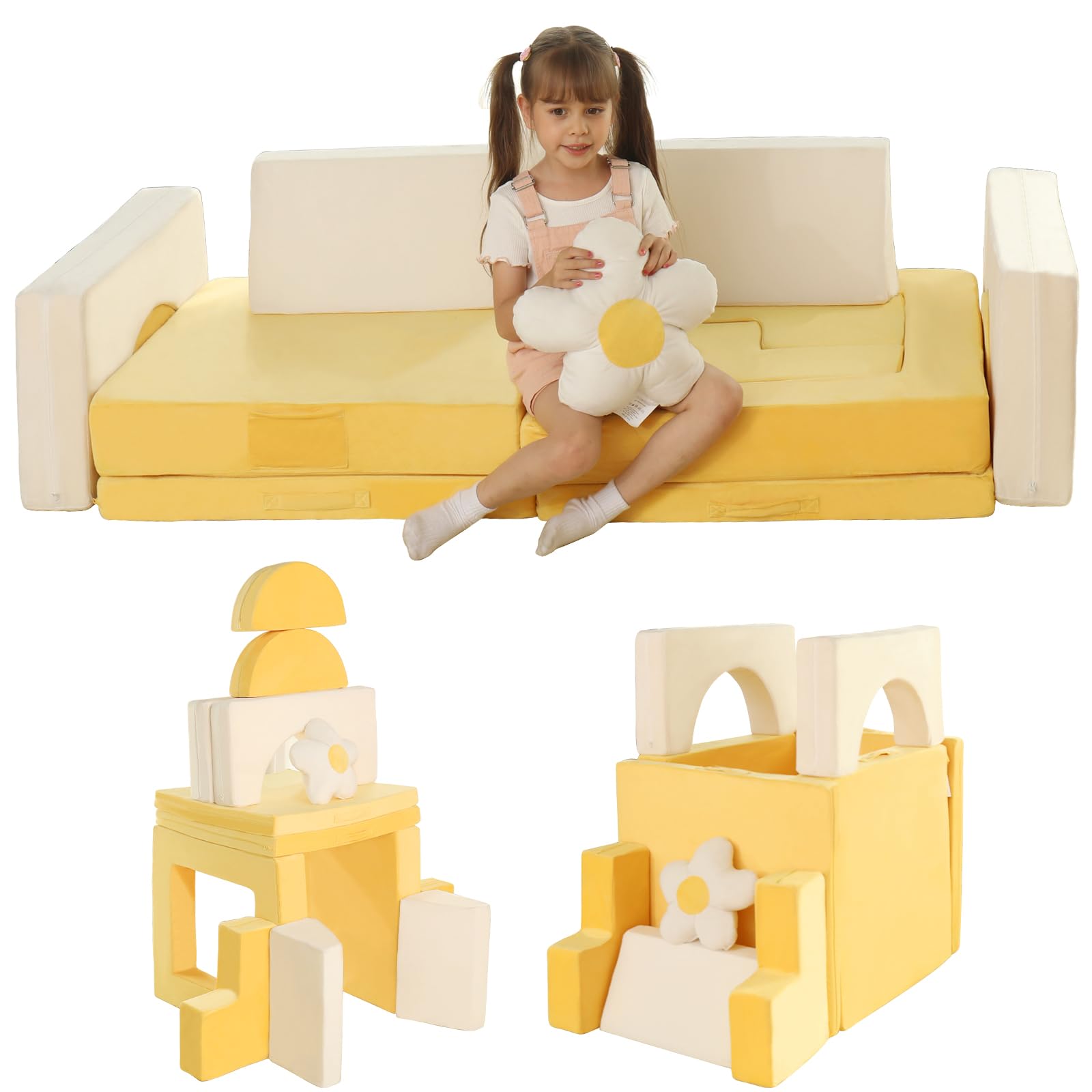 Ordicoeur Modular Kids Play Couch,12PCS Child Sectional Sofa, Climbing Couch Toddler Playroom Couch,Yellow&Beige Convertible Foam and Floor Play Sofa for Boys and Girls