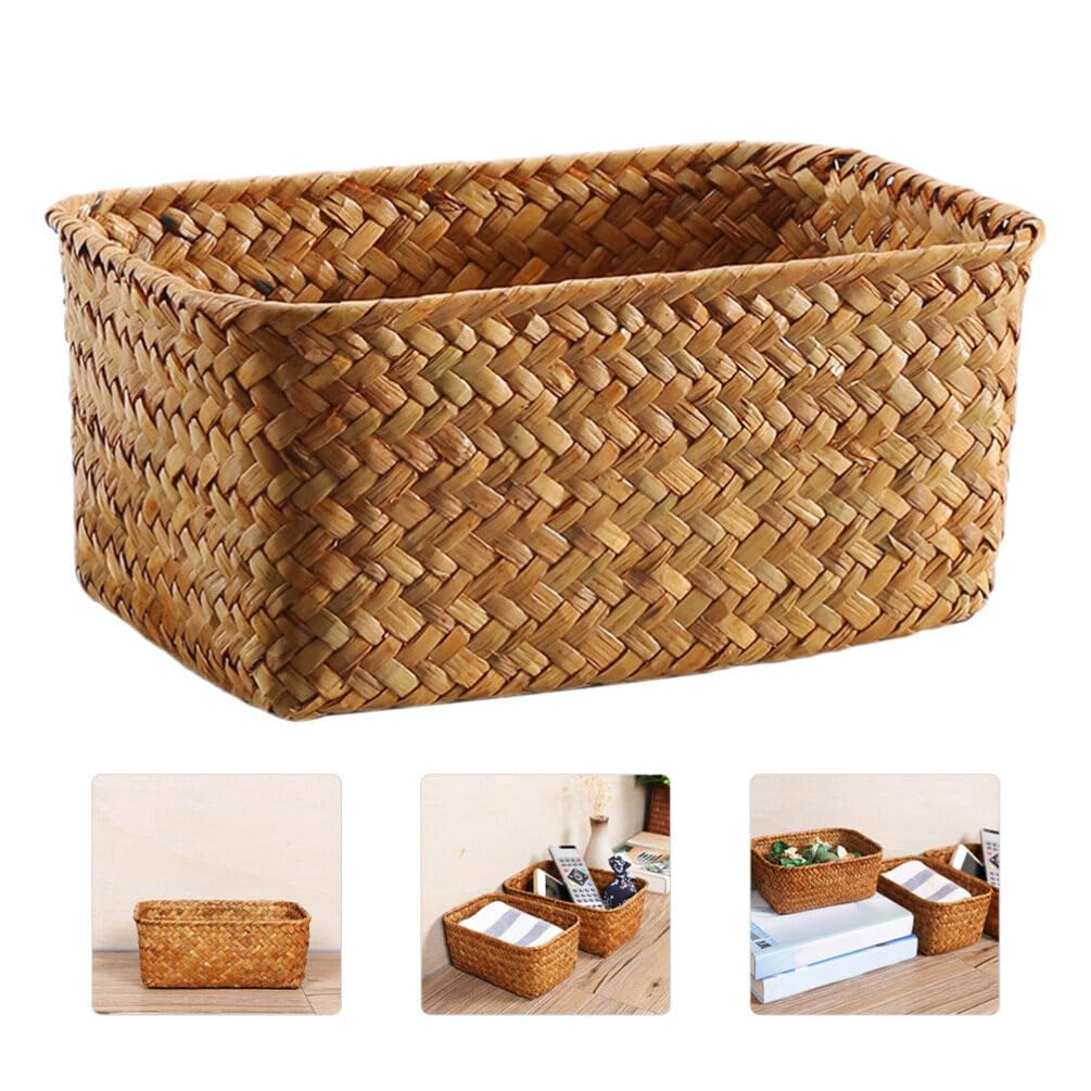 ABOOFAN Seagrass Storage Basket Woven Seagrass Desktop Basket Rectangular Organizer Box