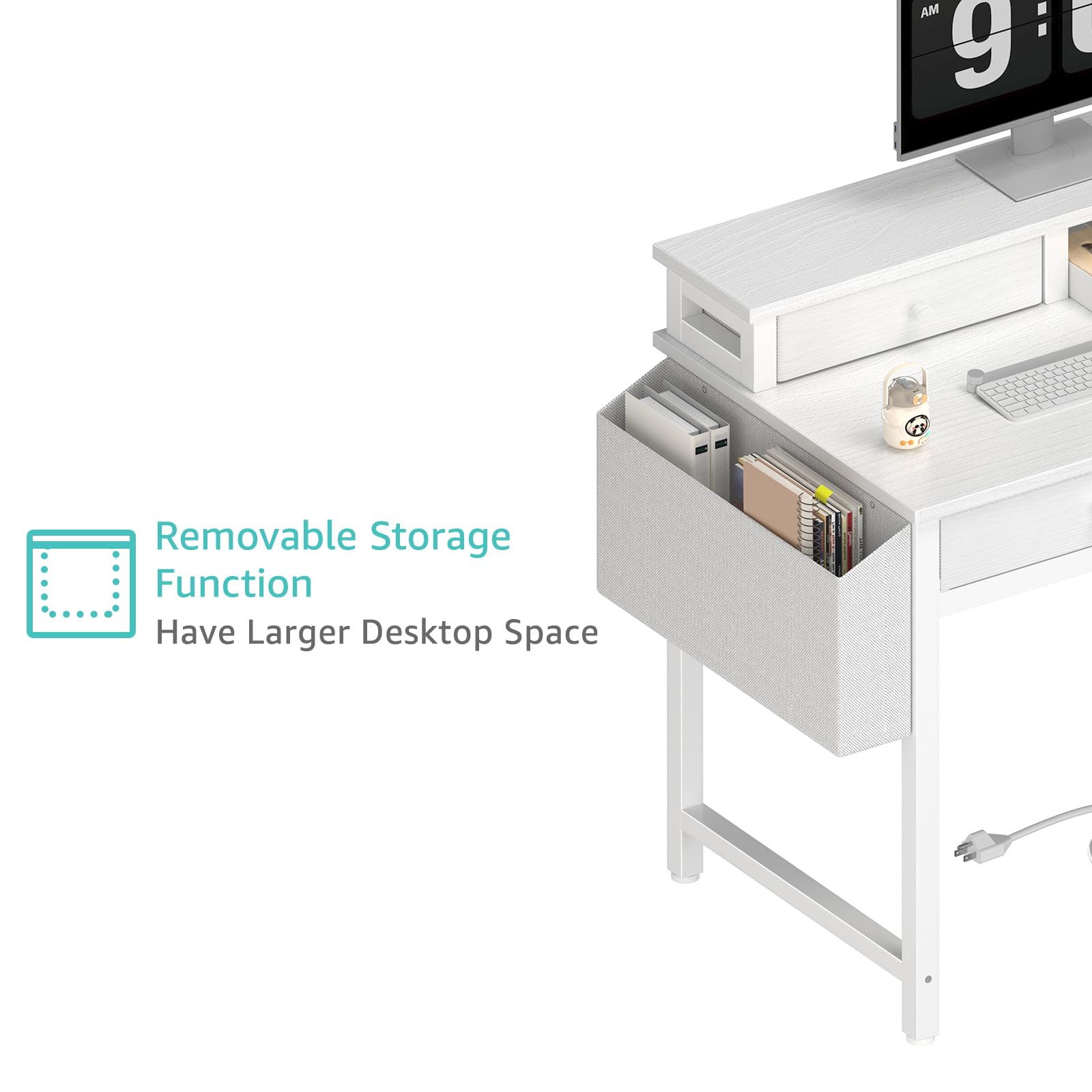 Lufeiya Small White Desk with Fabric Drawers for Bedroom, 32 inch Vanity Makeup Desk with Drawers Storage for Home Office, Writing Study Table with Power Outlet & Monitor Stand, White