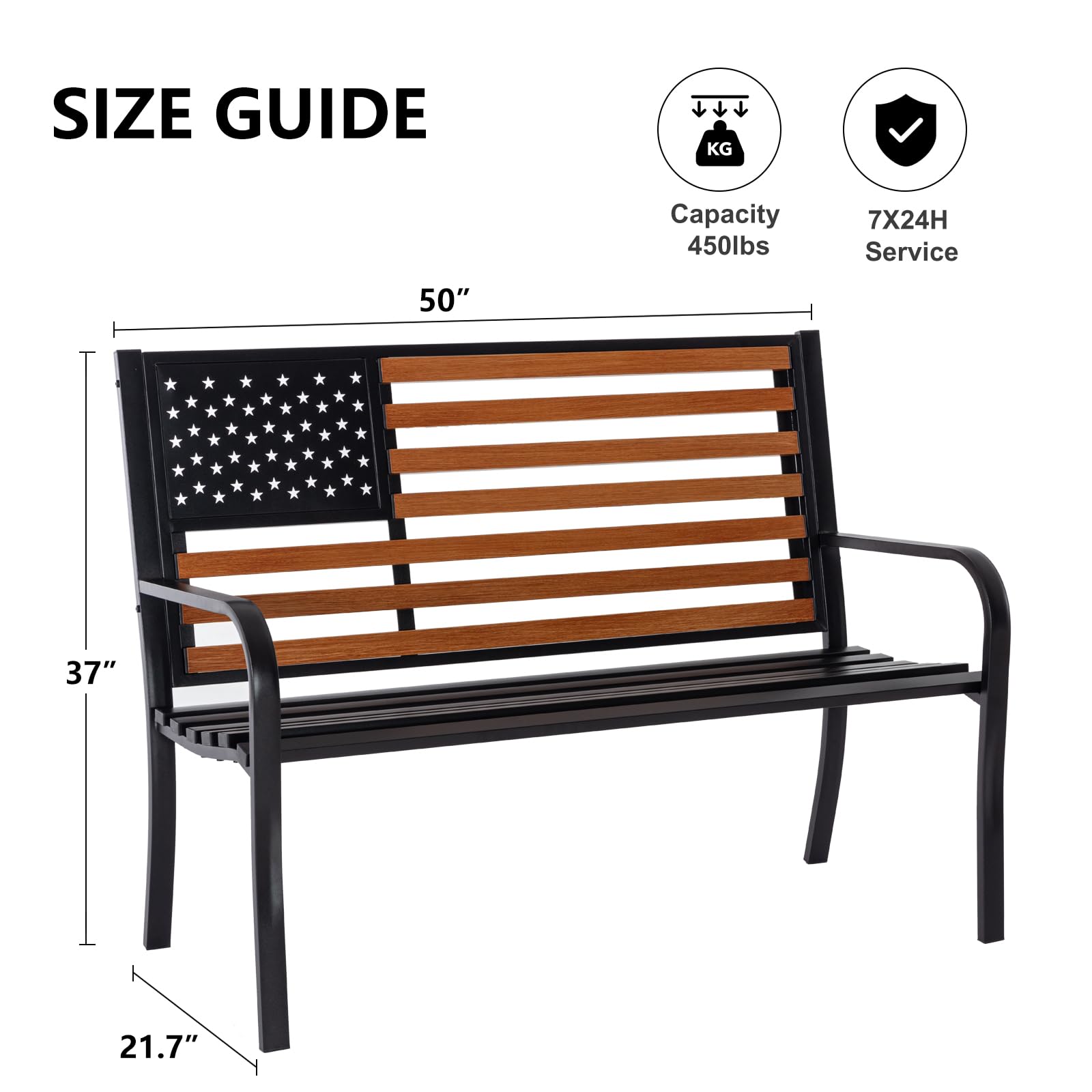 𝐀𝐭𝐭𝐥𝐢𝐚𝐬𝐚𝐥𝐨𝐧 50” Outdor Bench Garden Bench with American Flag Style, Sturdy Cast Iron Metal Frame Patio Park Bench for Porch Yard Lawn Deck Park