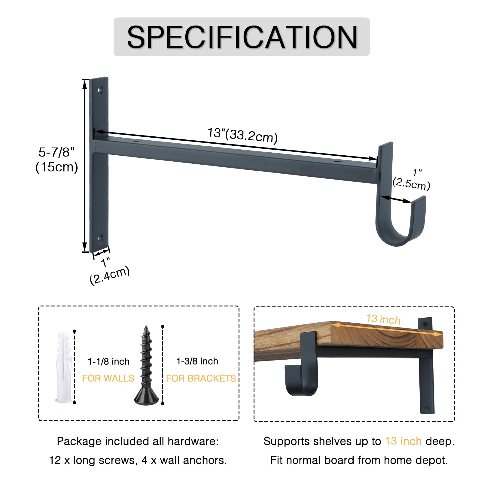 OVOV Shelf Bracket with Rod Holder 2 Pack Closet Shelf & Rod Brackets 13 Inch Black Heavy Duty Closet Rod Bracket