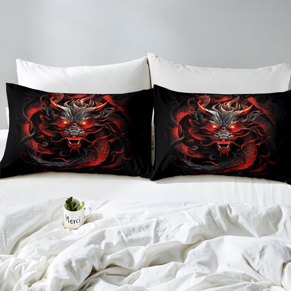 Red Black Dragon Duvet Cover Set Queen Size,Glowing Flame Dragon Bedding Set 3Pcs for Kids Boys Men Adult Bedroom Decor,Wild Animals Comforter Cover Cool Magical Style Quilt Cover,2 Pillowcases