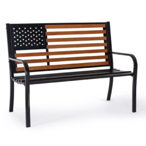 𝐀𝐭𝐭𝐥𝐢𝐚𝐬𝐚𝐥𝐨𝐧 50” outdor bench garden bench with american flag style, sturdy cast iron metal frame patio park bench for porch yard lawn deck park