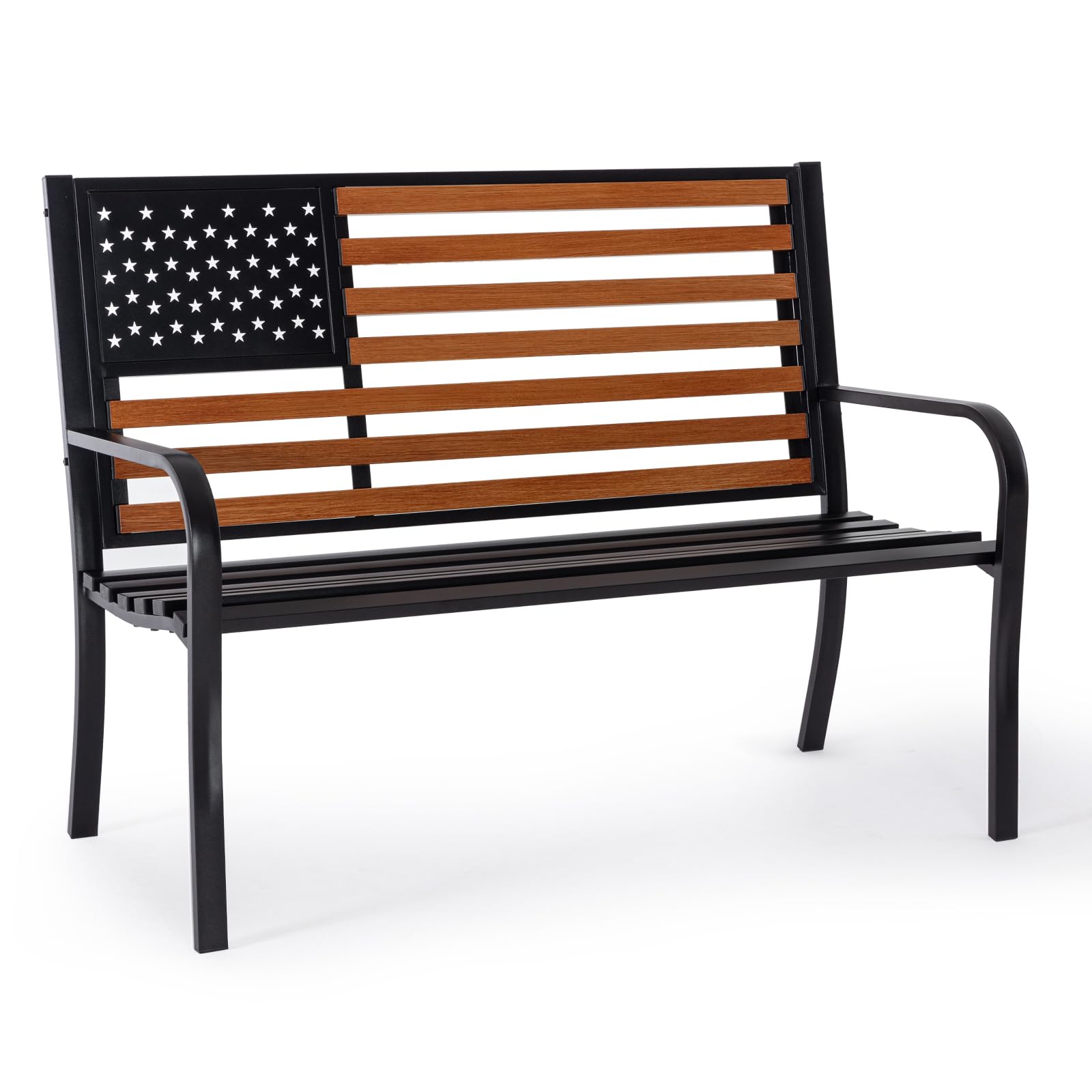 𝐀𝐭𝐭𝐥𝐢𝐚𝐬𝐚𝐥𝐨𝐧 50” Outdor Bench Garden Bench with American Flag Style, Sturdy Cast Iron Metal Frame Patio Park Bench for Porch Yard Lawn Deck Park