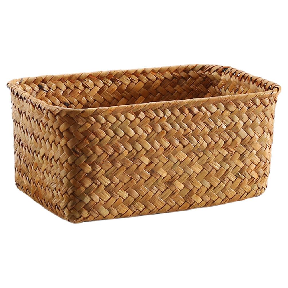 ABOOFAN Seagrass Storage Basket Woven Seagrass Desktop Basket Rectangular Organizer Box