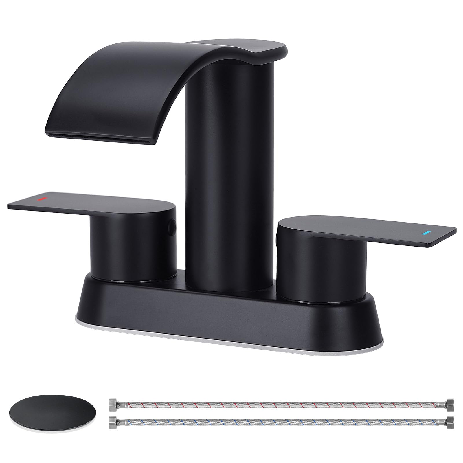 Bietor Waterfall Bathroom Faucets, Matte Black Bathroom Sink Faucet with Pop-up Drain & Supply Hoses, Stainless Steel Lead-Free 2 Handle Faucet for Vanity Sink 2 or 3 Holes