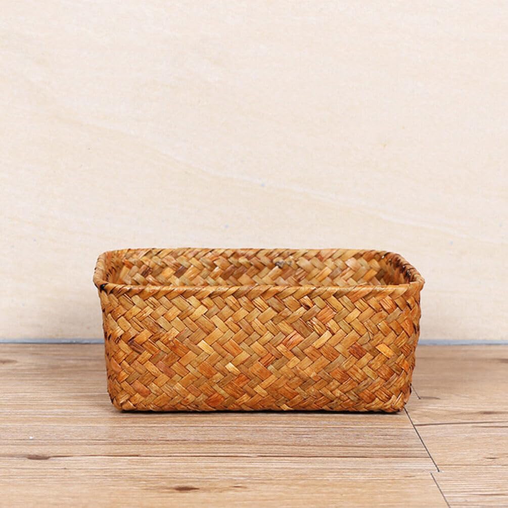 ABOOFAN Seagrass Storage Basket Woven Seagrass Desktop Basket Rectangular Organizer Box