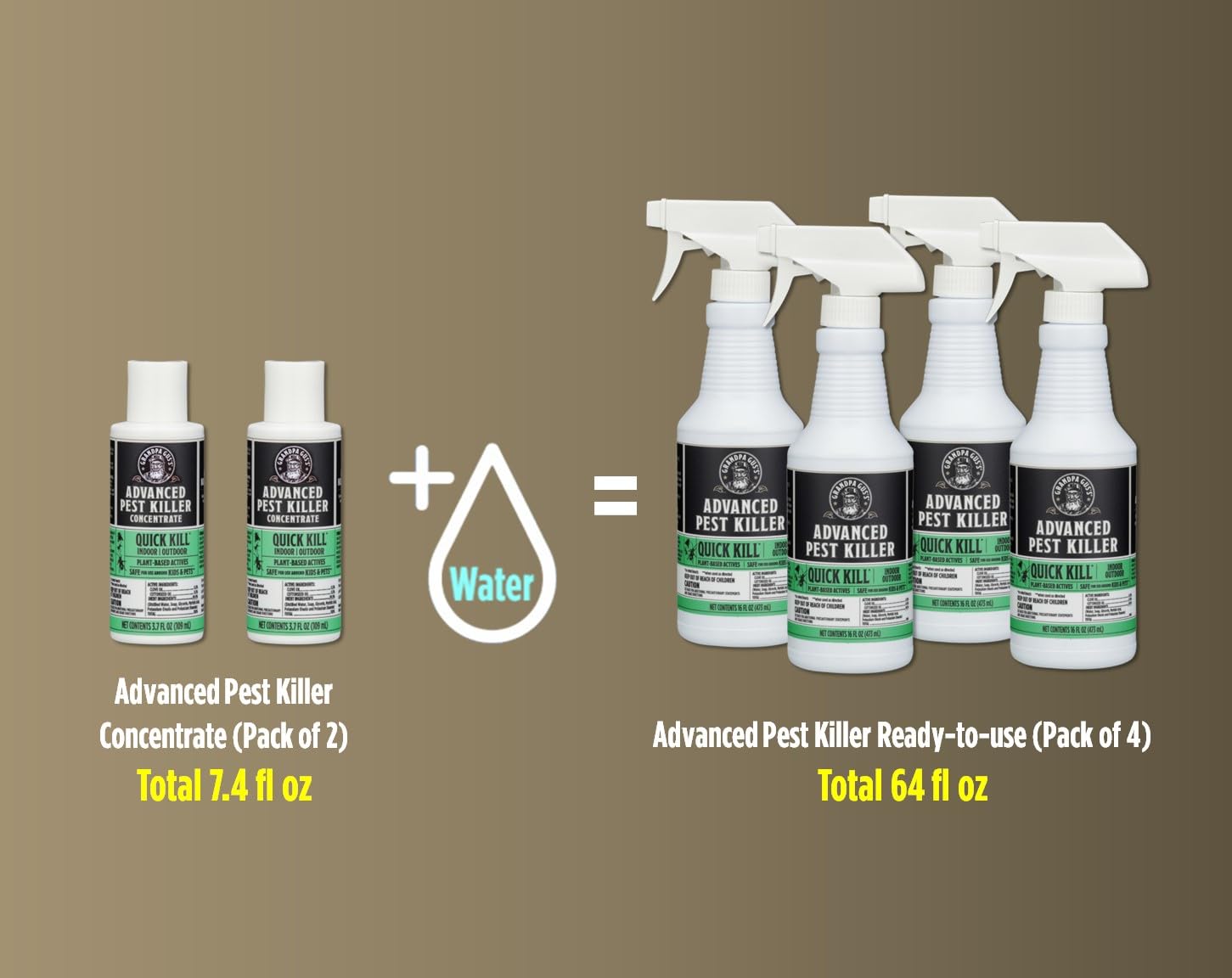 Grandpa Gus's Natural Advanced Pest Killer Concentrate, Bundled with a 32 oz Empty Spray Bottle, Plant-Based Actives Quick Kill 46 Insect Species, Indoor & Outdoor, Light Scent, 3.7 fl oz (Pack of 2)