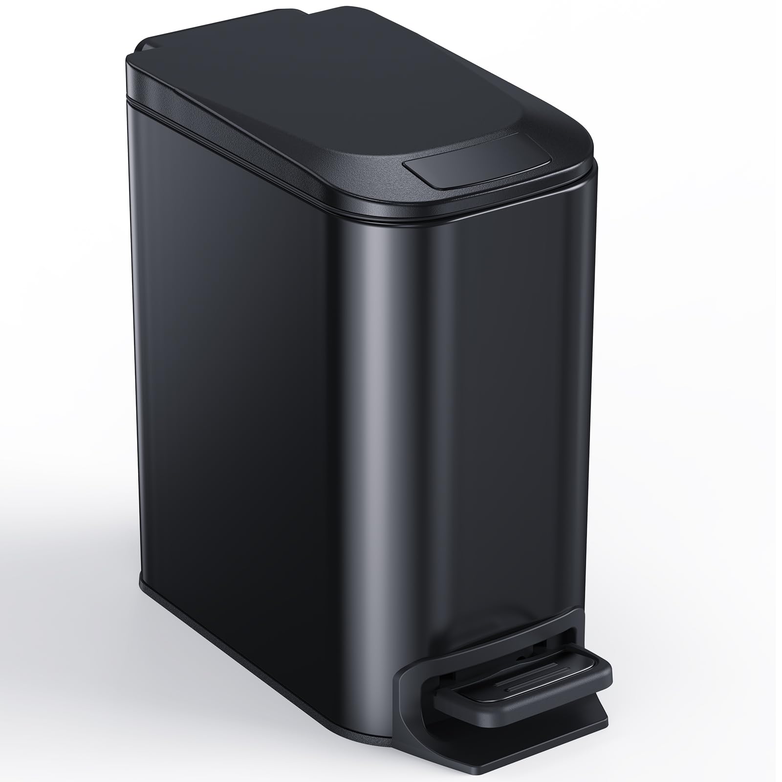 CEROELDA Small Bathroom Trash Can with Plastic Lid, 6L/1.6 Gal Stainless Steel Slim Garbage Can-Metal Wastebasket-Rectangle Pedal Step Trash Bin -for Kitchen Bedroom Office Toilet-Black