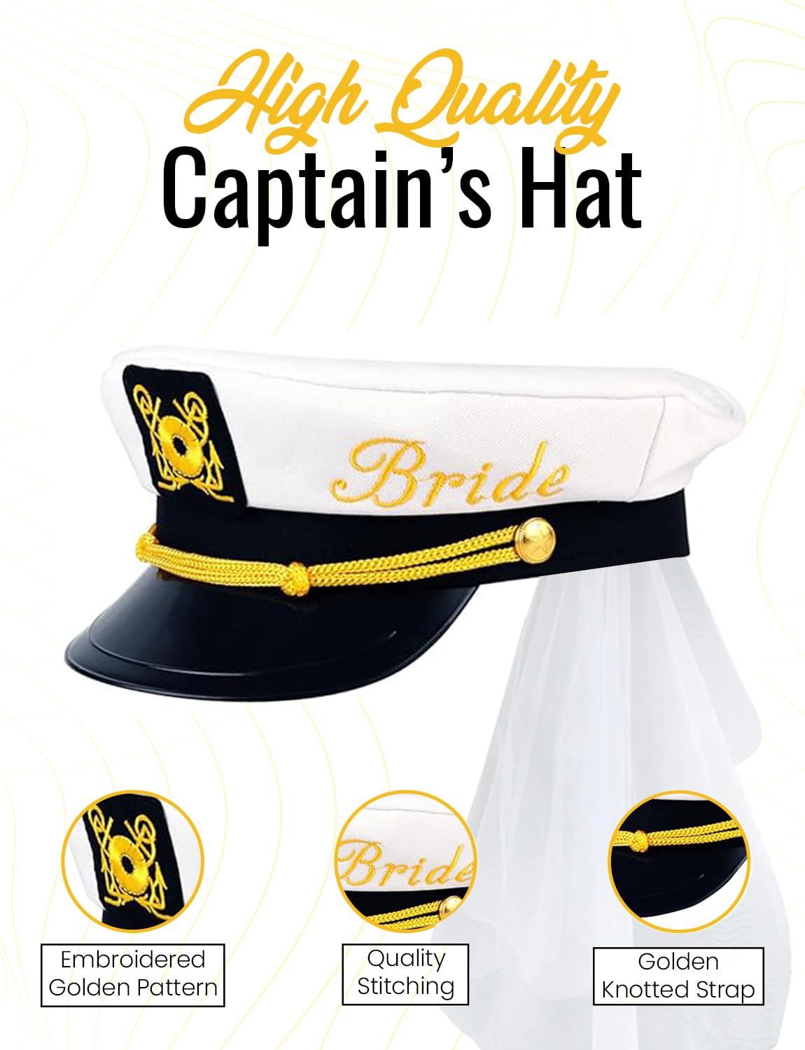 Bachelorette Party Captain's Hat - Cute Bride to Be Nautical Bachelorette Hat | Fun Bridal Shower Accessories Decor Wedding (with Veil) White