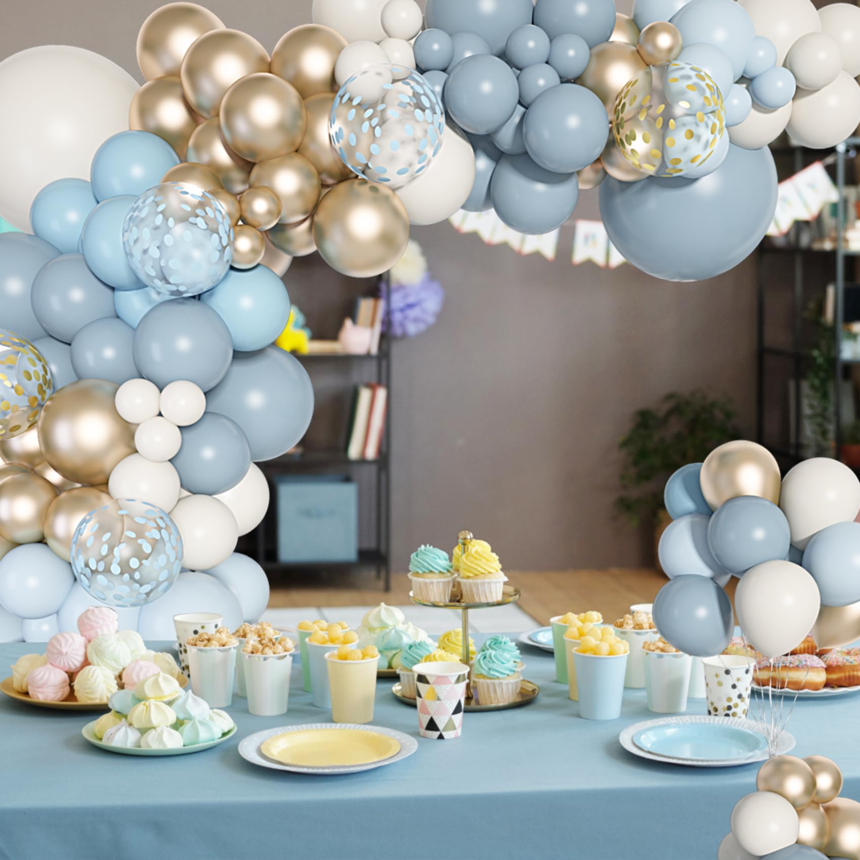 Ouddy Life 180Pcs Dusty Baby Blue Balloons Arch Garland Kit, Blue Baby Shower Decorations Boy with Fog Blue Sand White Chrome Gold Champagne Balloons for Birthday Boho Bridal Shower Party Decor