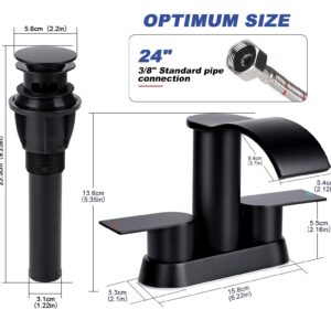 Bietor Waterfall Bathroom Faucets, Matte Black Bathroom Sink Faucet with Pop-up Drain & Supply Hoses, Stainless Steel Lead-Free 2 Handle Faucet for Vanity Sink 2 or 3 Holes