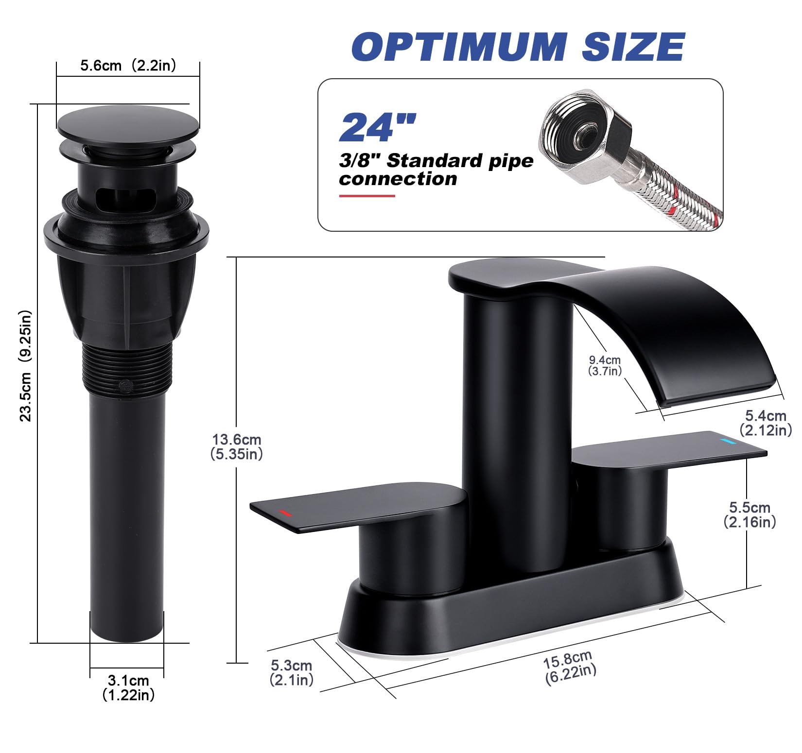 Bietor Waterfall Bathroom Faucets, Matte Black Bathroom Sink Faucet with Pop-up Drain & Supply Hoses, Stainless Steel Lead-Free 2 Handle Faucet for Vanity Sink 2 or 3 Holes