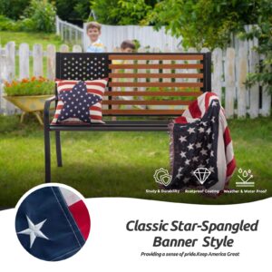 𝐀𝐭𝐭𝐥𝐢𝐚𝐬𝐚𝐥𝐨𝐧 50” Outdor Bench Garden Bench with American Flag Style, Sturdy Cast Iron Metal Frame Patio Park Bench for Porch Yard Lawn Deck Park