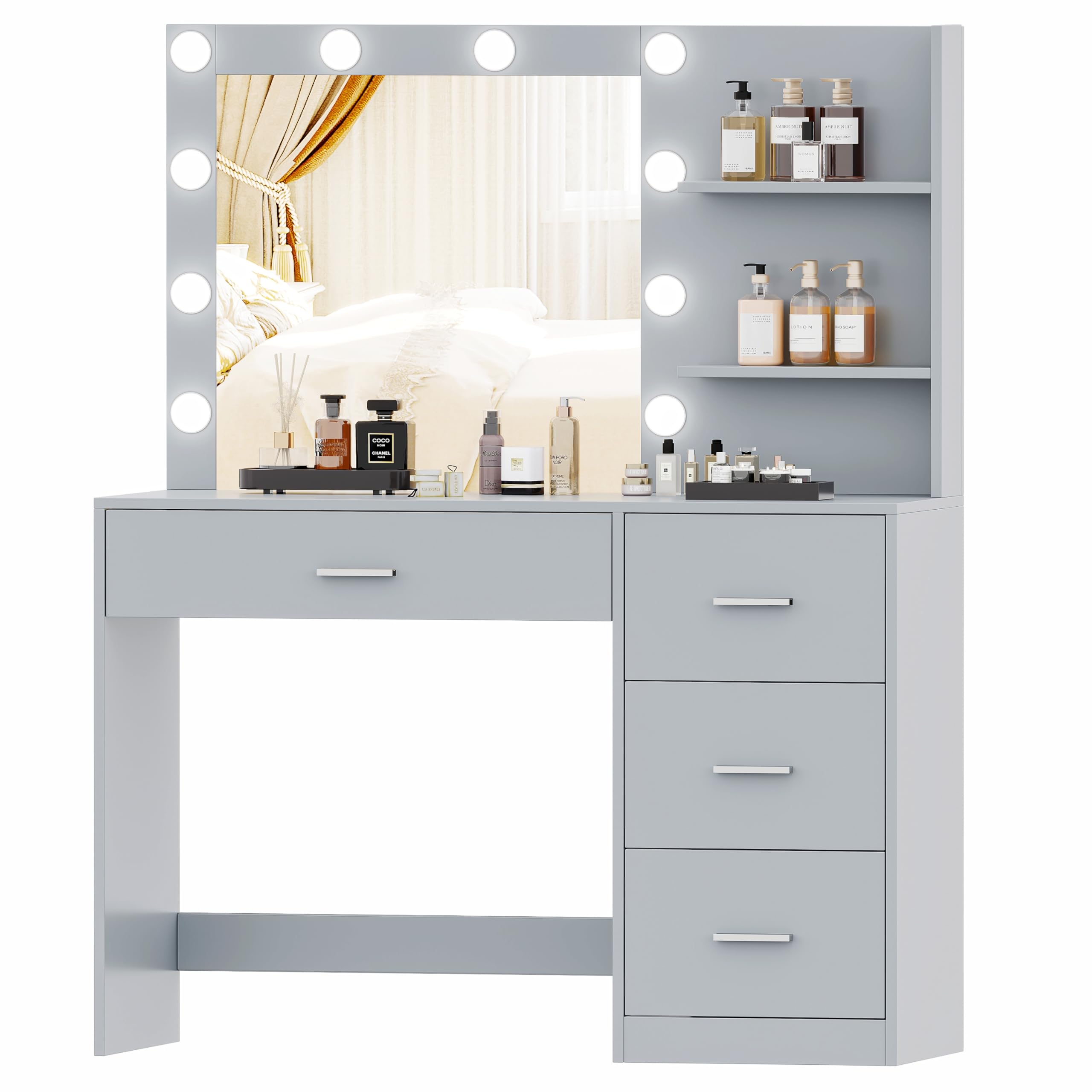 Rovaurx Makeup Vanity Table with Lighted Mirror, Makeup Vanity Desk with Storage Shelf and 4 Drawers, Bedroom Dressing Table, 10 LED Lights, Gray