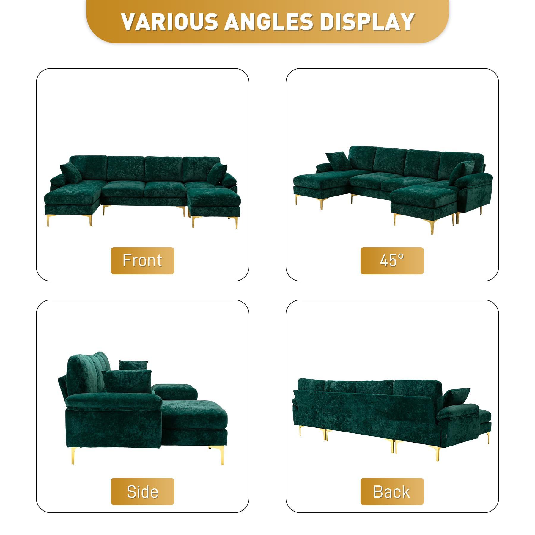 OUYESSIR U-Shaped Sectional Sofa for Living Room, 4 Seat Velvet Sofa Set Convertible L-Shaped Couch Set with Chaise Lounge, Ottoman and Pillows,114 inches (Emerald Green)