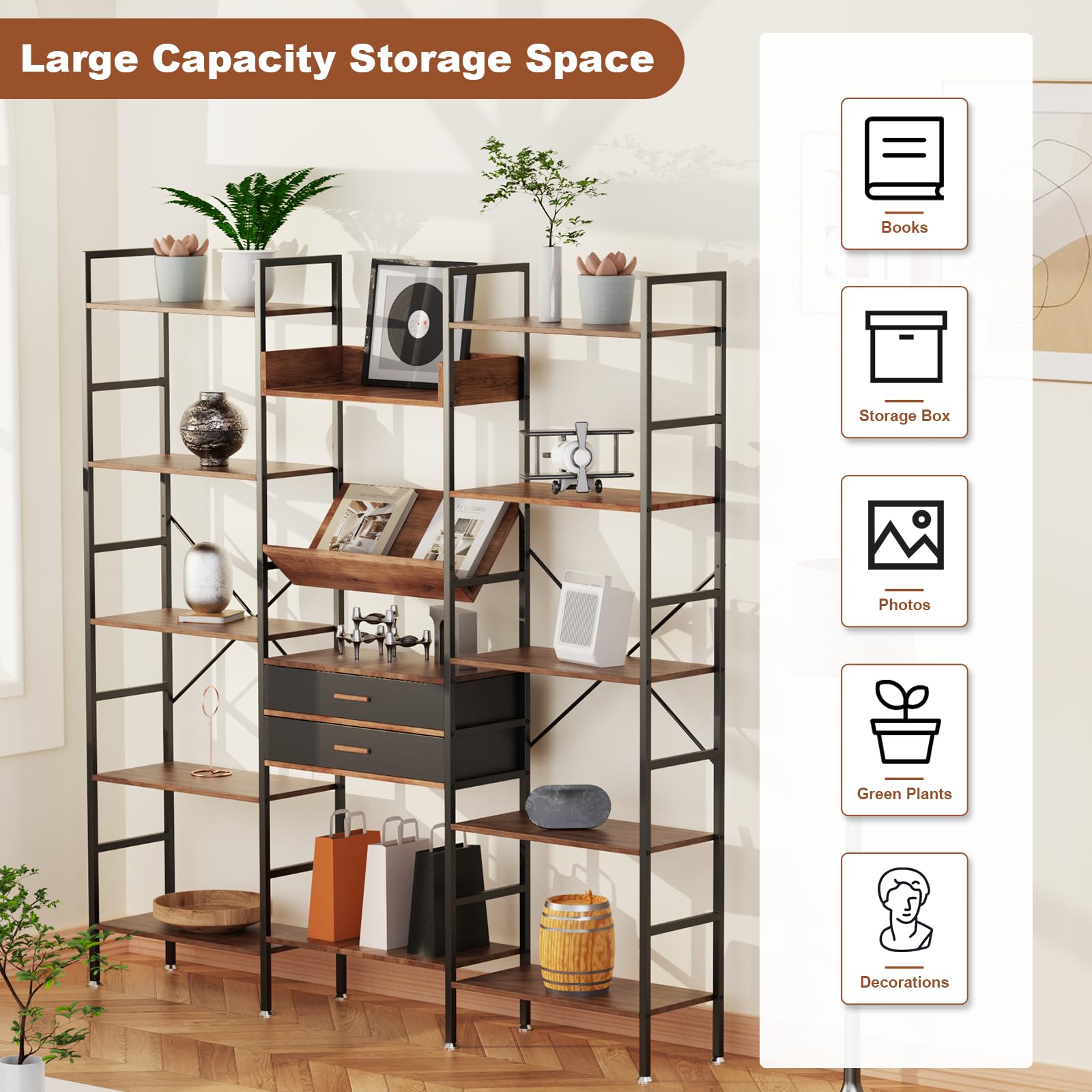 GRYPQROH Book shelf and Bookcase Triple Wide 5 Tier Industrial Bookshelf with Drawers & 14 Open Display Shelves, Large Etagere Tall Bookcase with Metal Frame for Home Office Living Room Retail Display