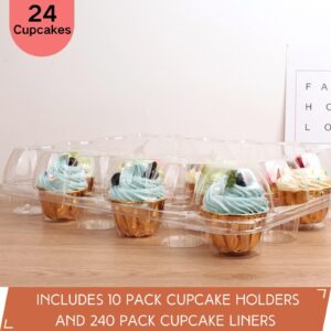 ZWYSLFCY (24 Pack x 10 Sets) Stackable Cupcake Carrier Holders with 240 Pack Cupcake Liners, Plastic Cupcake Boxes Holders for 24 Cupcakes, Clear Cupcake Trays, High Tall Dome Lid Cupcake Containers