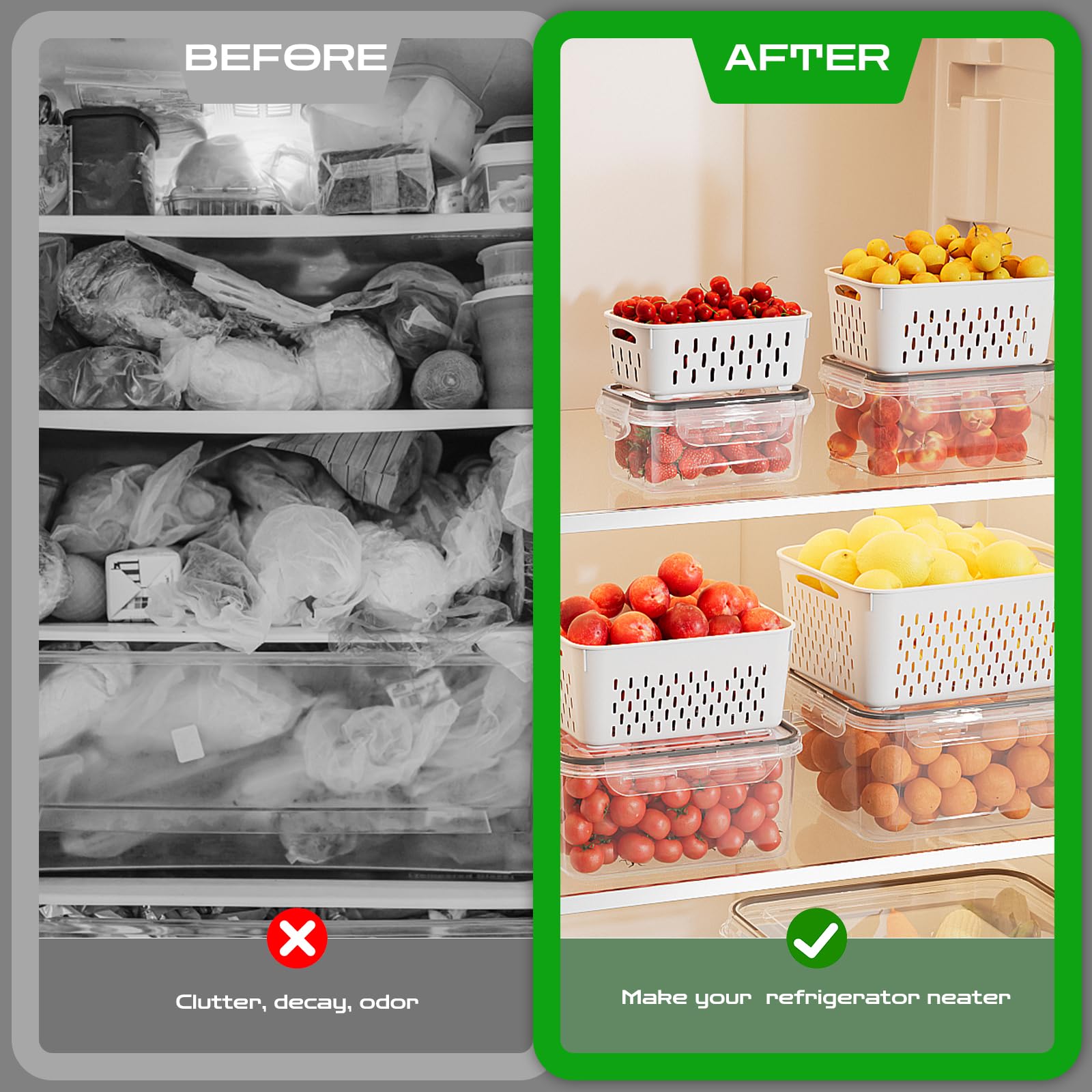 6 PCS Large Fruit Storage Containers for Fridge, Airtight Food Storage Containers with Removable Colander, Dishwasher & Microwave Safe, Berries Containers Keep Vegetables, Fruits Fresh Longer