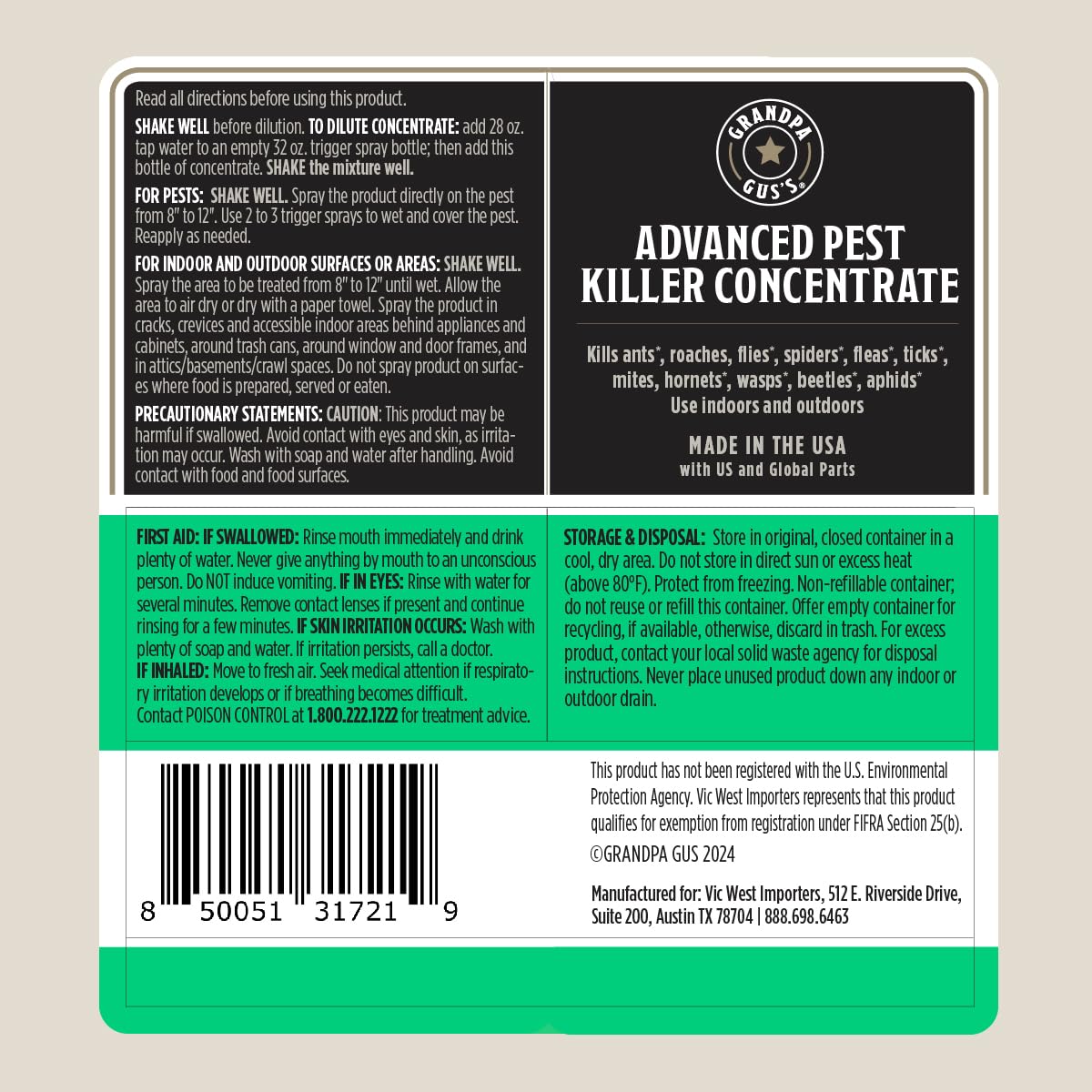 Grandpa Gus's Natural Advanced Pest Killer Concentrate, Bundled with a 32 oz Empty Spray Bottle, Plant-Based Actives Quick Kill 46 Insect Species, Indoor & Outdoor, Light Scent, 3.7 fl oz (Pack of 2)