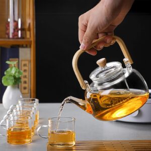 Glass Teapot with Infuser Clear Glass Tea Kettle with 6 Teacups, 900 ml Tea Pot Set for Stove Top, Loose Tea, Tea Maker Gift