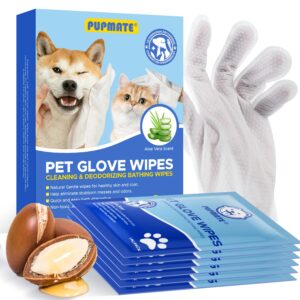 pupmate pet cleaning glove wipes for dogs & cats, hypoallergenic deodorizing disposable no-rinse grooming wipes, extra thick bathing wipes,perfect for pet dry cleaning,daily care and travel,6 pcs