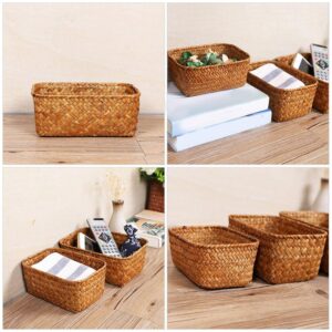 ABOOFAN Seagrass Storage Basket Woven Seagrass Desktop Basket Rectangular Organizer Box