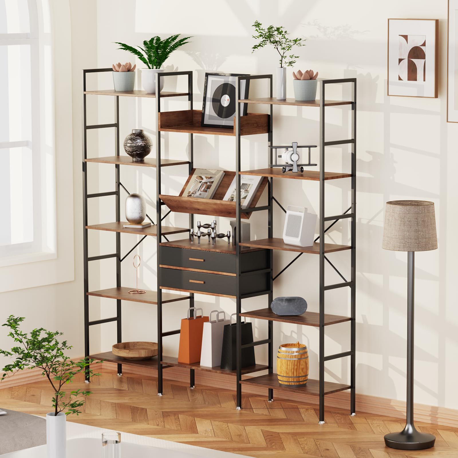 GRYPQROH Book shelf and Bookcase Triple Wide 5 Tier Industrial Bookshelf with Drawers & 14 Open Display Shelves, Large Etagere Tall Bookcase with Metal Frame for Home Office Living Room Retail Display