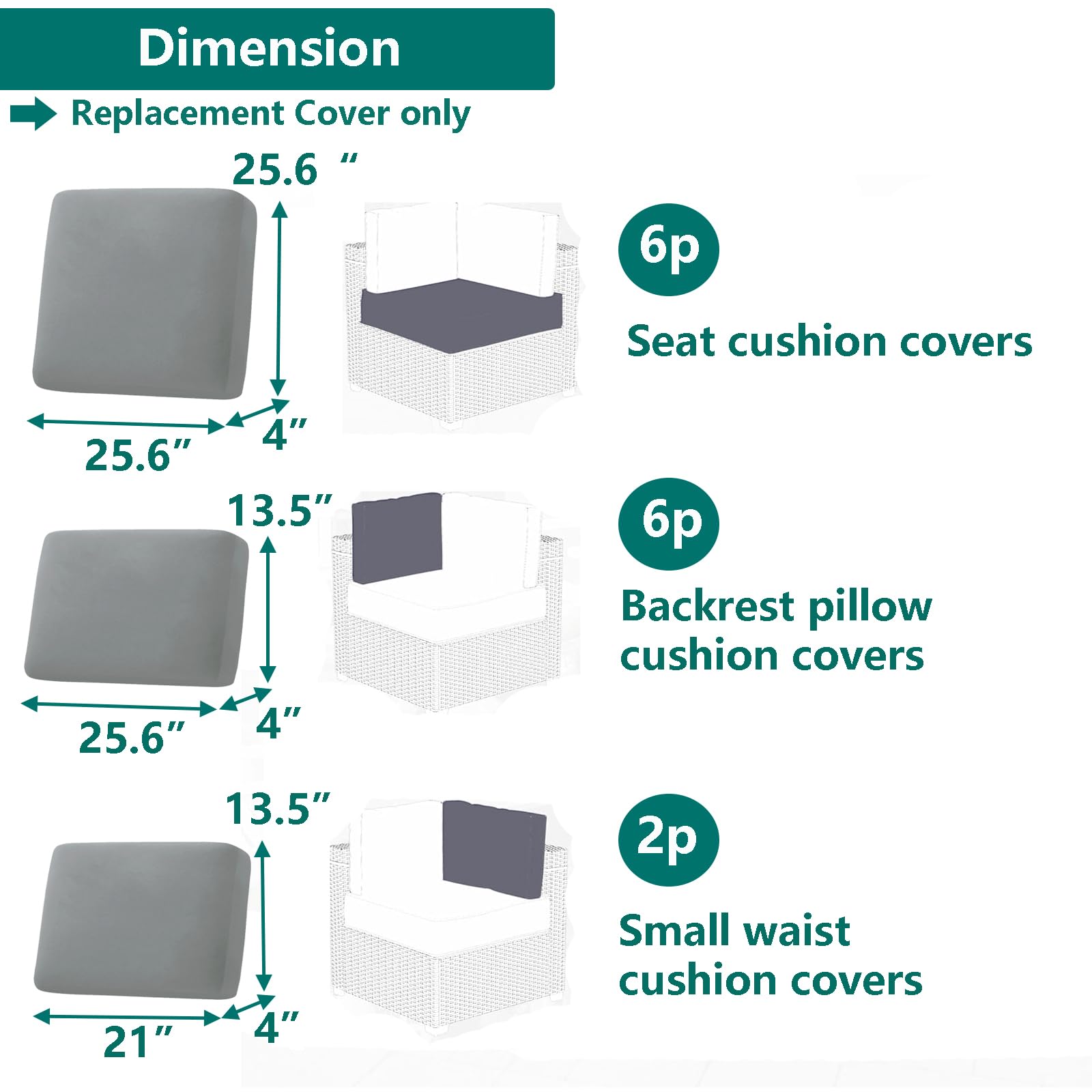 TECOSARA Outdoor Cushion Covers Replacement 14 Pcs Patio Cushion Covers fit for 7Pieces 6-Seater Wicker Rattan Sectional Couch Sofa Outdoor Cushion Slipcovers Set Seat and Back Cover Only, Grey