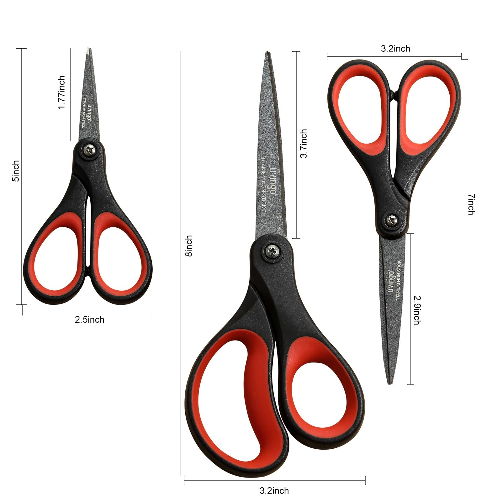 LIVINGO 3 Pack Titanium Scissors All Purpose - Non Stick Stainless Steel Sharp Scissors Set Heavy Duty for Office School Sewing Crafting Cutting Fabric Paper, Comfortable Grip, 5”, 7” & 8”