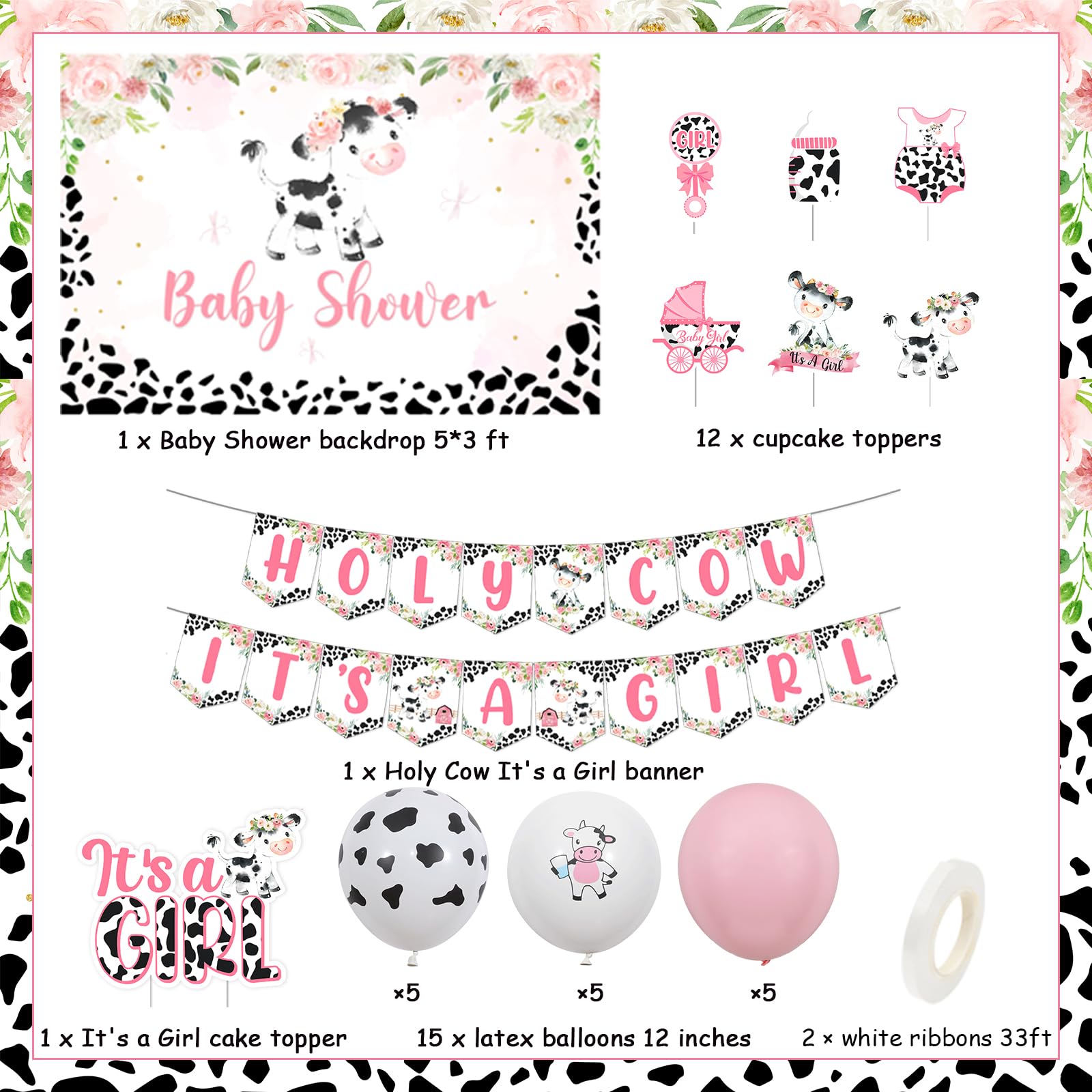 Pink Cow Baby Shower Decorations - Pink Cow Baby Shower Backdrop, Holy Cow It’s a Girl Banner, Cow Theme Cake Cupcake Toppers, Cow Print Balloons for Farm Animal Cow Themed Baby Shower Decorations