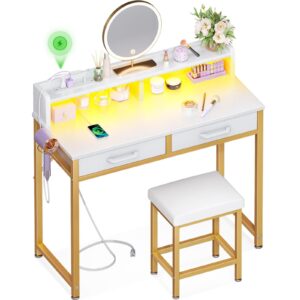 aodk vanity desk with vanity chair, makeup vanity with led lights, white small vanity desk without mirror, 32 inch makeup table for small space with 2 fabric drawers, desk make up vanity for girls