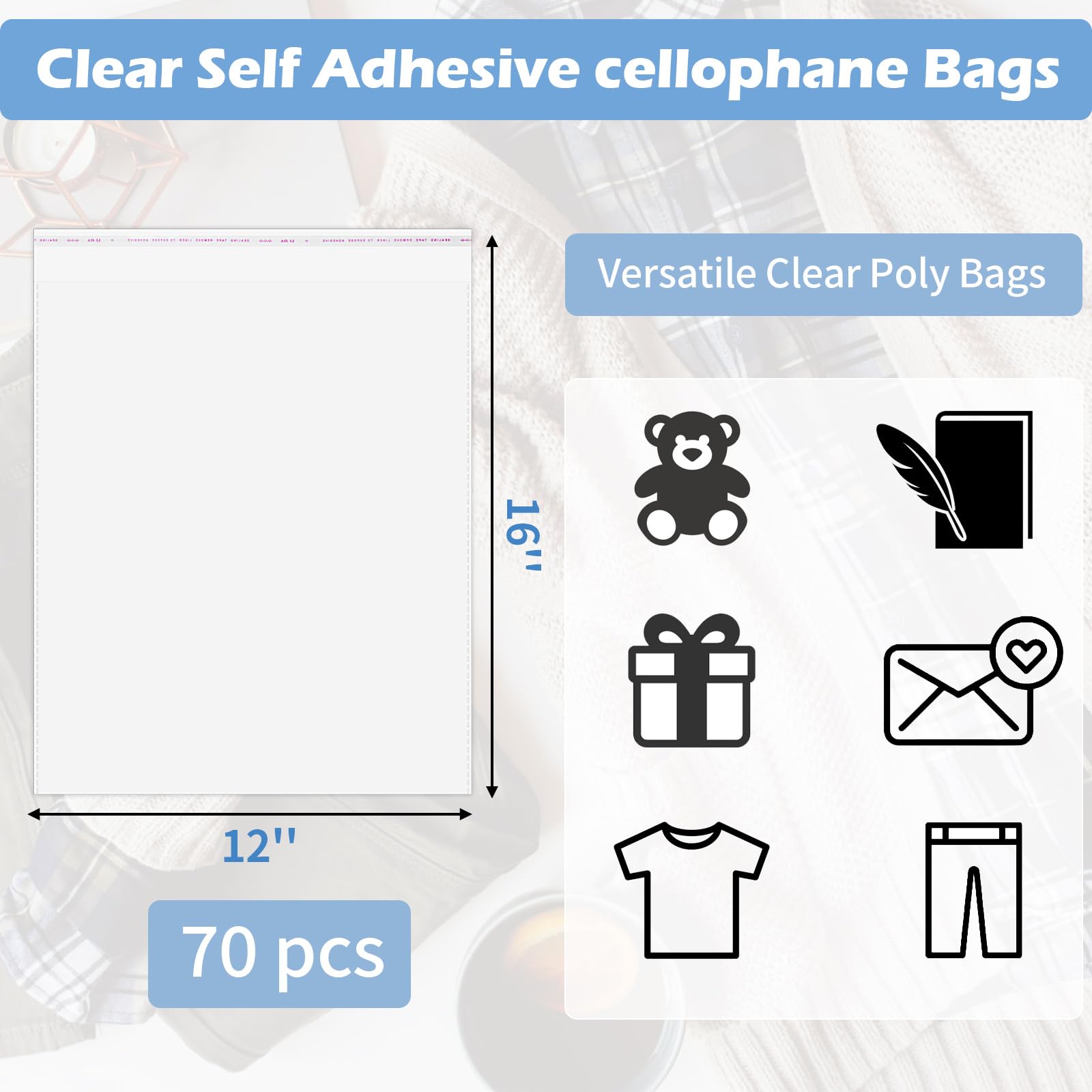 Cellophane Bags 12x16 Inches, 70 Pcs Clear Poly Bags, Resealable Plastic Bags for Clothes, Shirt Bags Great for Packaging Clothing, Decorative Wrappers, Party Favors, Artwork and More