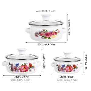 Totority Enamel Stockpot 3 Pcs Kitchen Enamel Stockpot with Lid, Retro Flower Stew Bean Cooking Pot, Vintage Thicken Soup Pot with Handles, Nonstick, Safe for Induction Cookers, Gas Stove