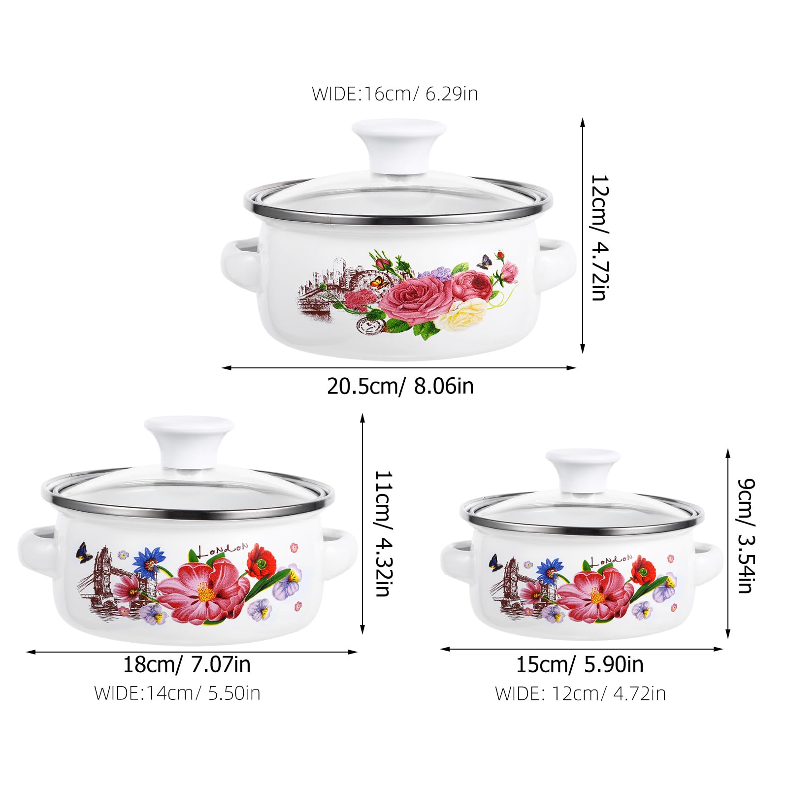 Totority Enamel Stockpot 3 Pcs Kitchen Enamel Stockpot with Lid, Retro Flower Stew Bean Cooking Pot, Vintage Thicken Soup Pot with Handles, Nonstick, Safe for Induction Cookers, Gas Stove