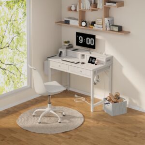 Lufeiya Small White Desk with Fabric Drawers for Bedroom, 32 inch Vanity Makeup Desk with Drawers Storage for Home Office, Writing Study Table with Power Outlet & Monitor Stand, White