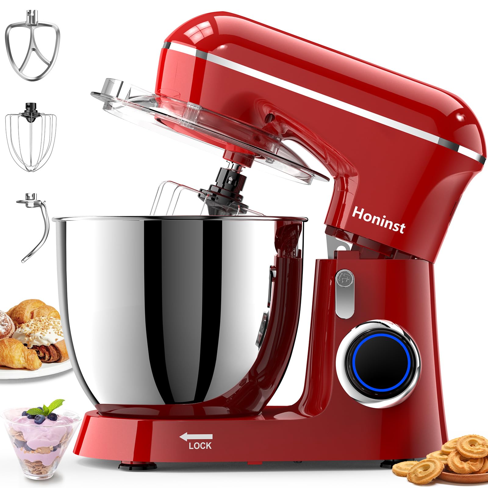 Honinst Stand Mixer, 6.5QT 10-Speed Tilt-Head Electric Stand Mixer, 3-In-1 Kitchen Mixer with Bowl, Dough Hook, Whisk and Beater, Food Mixer for Baking, Cake and Most Home Cooks, Red