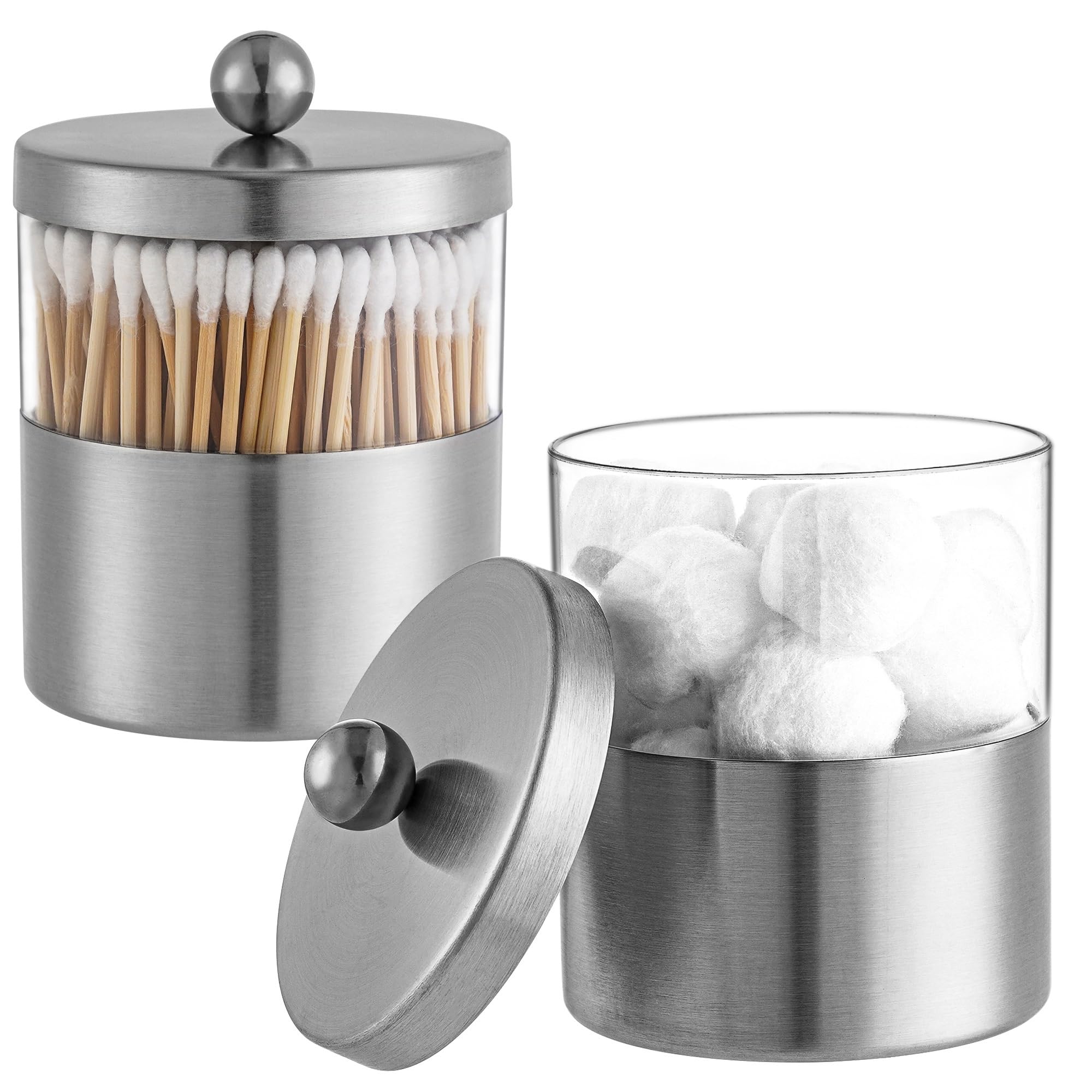 Gaussra Apothecary Jars, Qtip Holder - Stainless Steel Bathroom Jar with Stickers - Farmhouse Decor Qtip Dispenser for Qtips, Cotton Balls, Swabs, Makeup Sponges (2 Pack, Brushed Nickel)