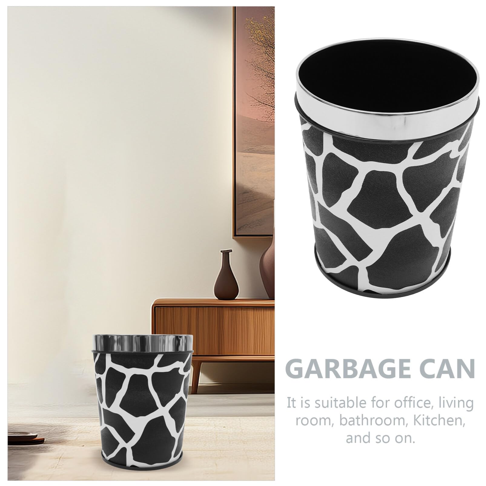 ABOOFAN Pu Leather Trash Can Cow Pattern Round Wastebasket Decorative Paper Basket Garbage Container Small Waste Bucket Rubbish Storage Bin for Bathroom Office Kitchen