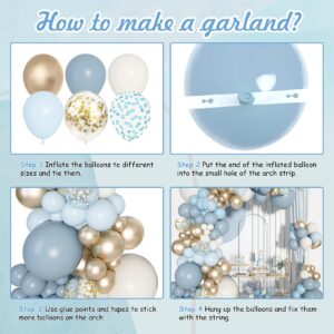 Ouddy Life 180Pcs Dusty Baby Blue Balloons Arch Garland Kit, Blue Baby Shower Decorations Boy with Fog Blue Sand White Chrome Gold Champagne Balloons for Birthday Boho Bridal Shower Party Decor