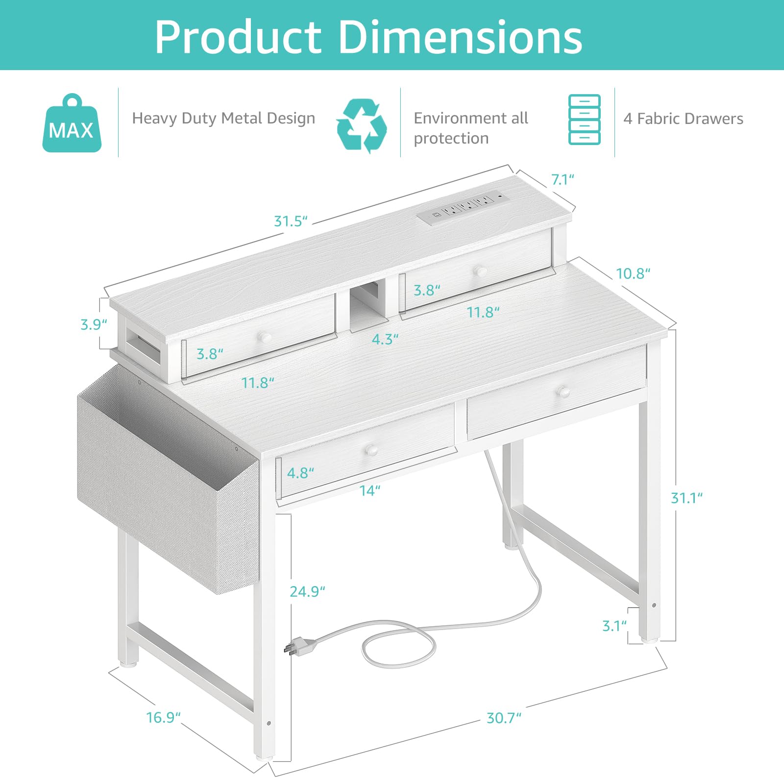 Lufeiya Small White Desk with Fabric Drawers for Bedroom, 32 inch Vanity Makeup Desk with Drawers Storage for Home Office, Writing Study Table with Power Outlet & Monitor Stand, White