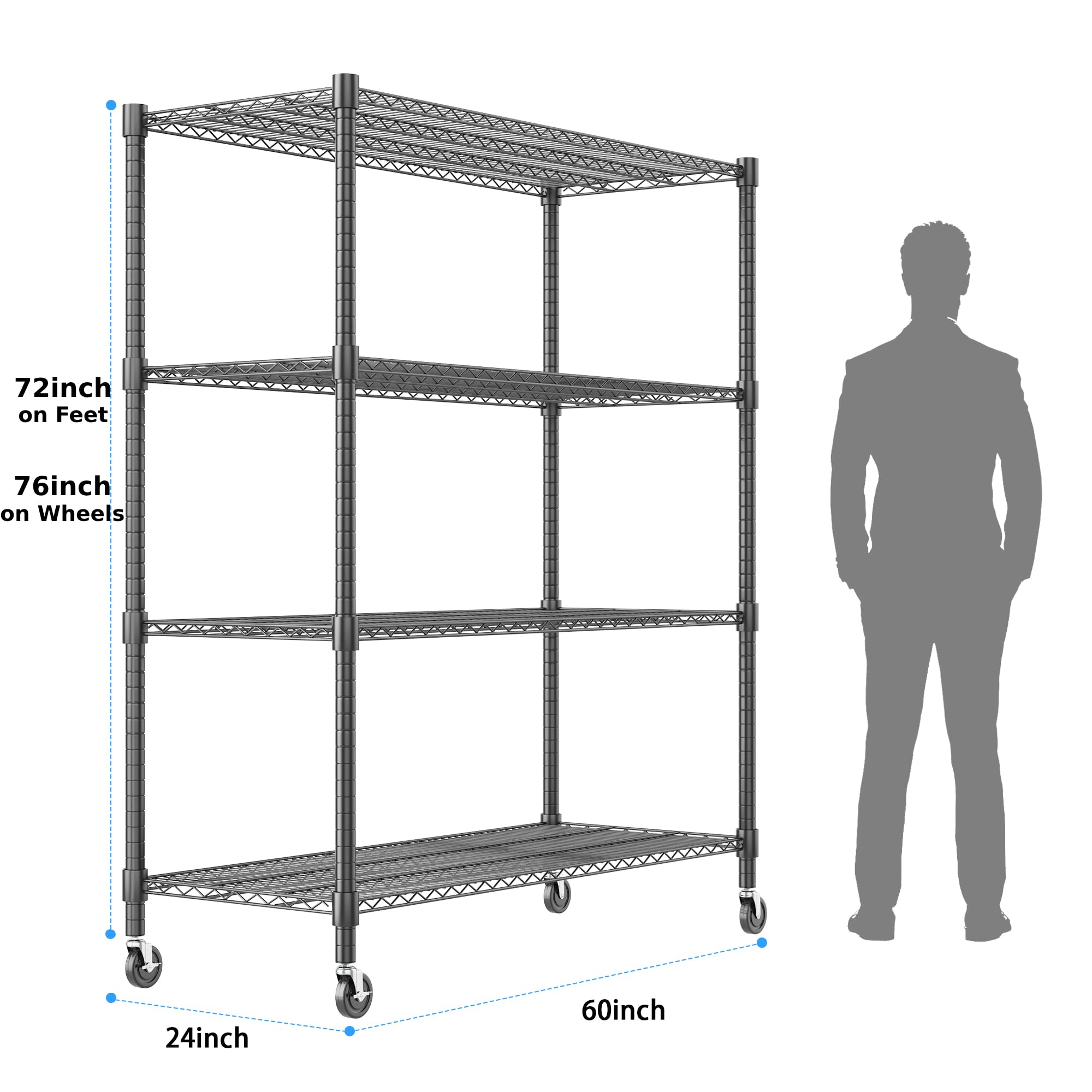 Homdox 60”W Storage Shelves, 4 Tier Heavy Duty Wire Shelving Unit with Wheels, 2400LBS Commercial Adjustable Metal Shelves for Storage, Garage Rack Pantry Shelves Kitchen Shelving, 24"x60"x72", Black