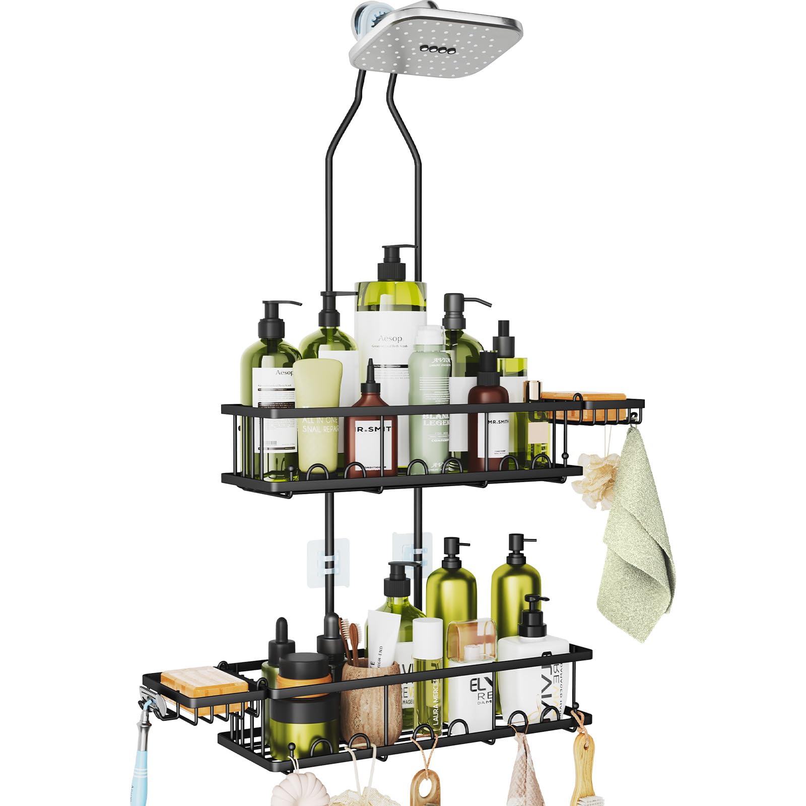 Skyapex Shower Caddy Hanging: Adjustable Height No Blocking to Shower Head - Black Shower Caddy Over Showerhead Shower Organizer - Rustproof Shower Shelves with Hooks 2 Soap Holders