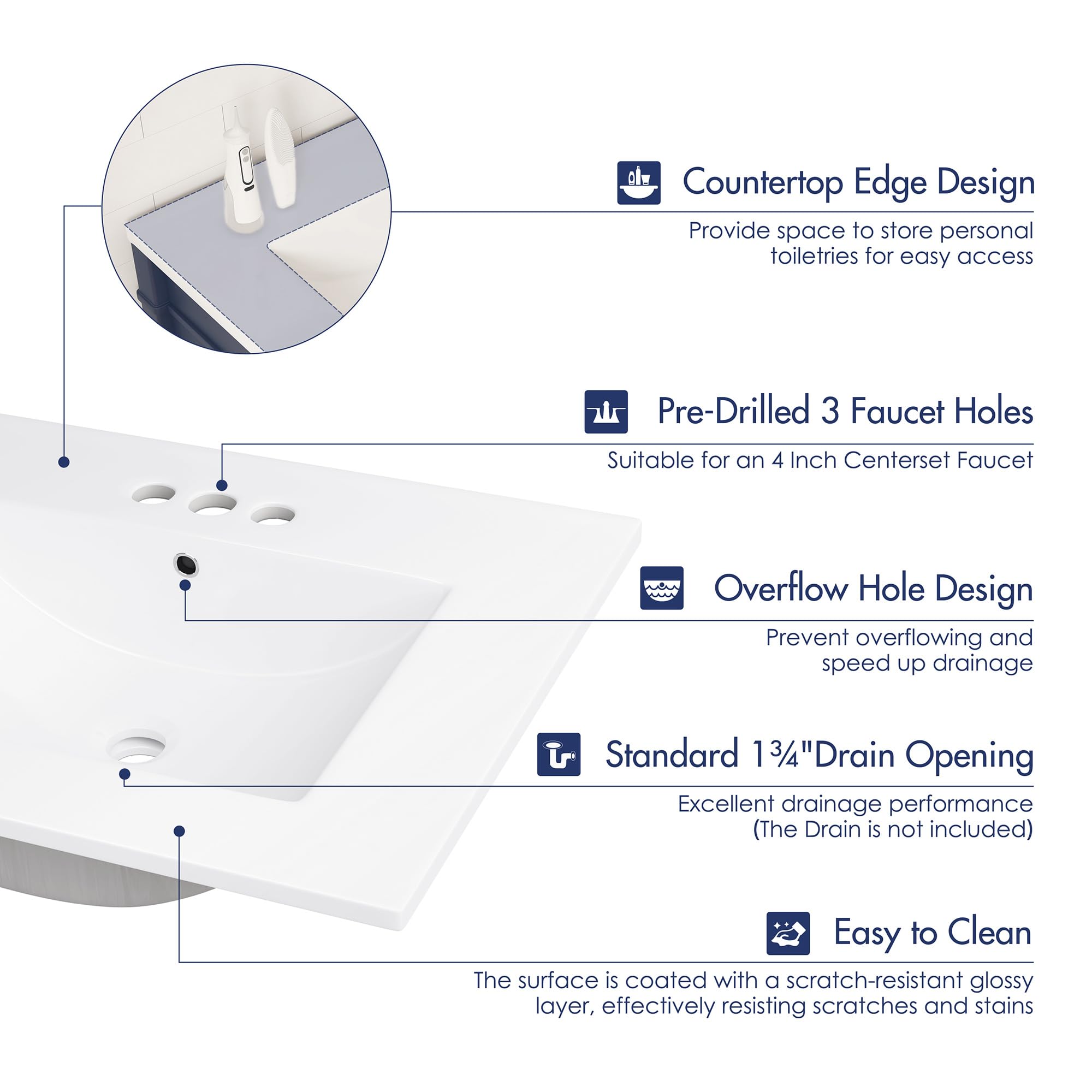 Eridanus 24"x18¼" Bathroom Sink with Three Holes (4inch Centerset), Ceramic Bathroom Vanity Sink Top with Overflow, Drop in Bathroom Vessel Sink Rectangle Ideal for Small Spaces ‎- Glossy White