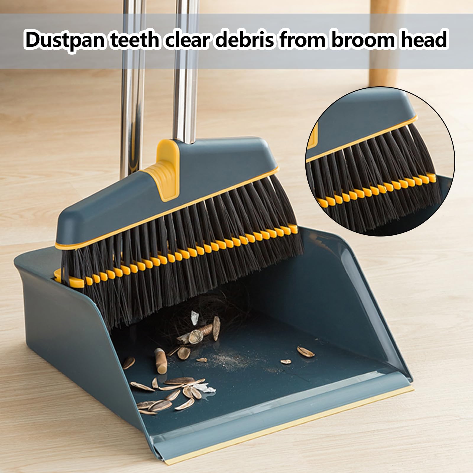 Theiyhyu Broom with Dustpan Combo Set Stand Up Broom and Dustpan with Dustpan Teeth Lightweight with Long Handle 180° Swivel Suitable for for Cleaning Floors Indoors Kitchen Office (Blue)